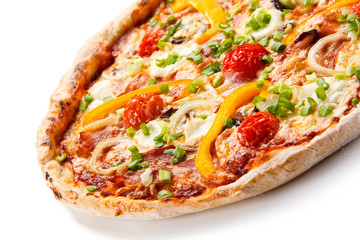 Pizza with ham and vegetables on white background