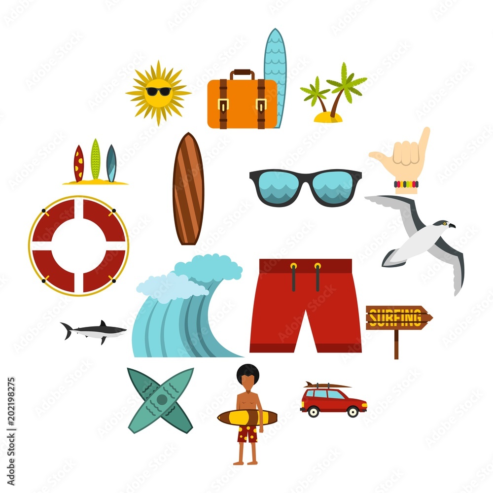 Aufkleber flat surfing icons set. universal surfing icons to use for web and mobile ui, set of basic surfing e