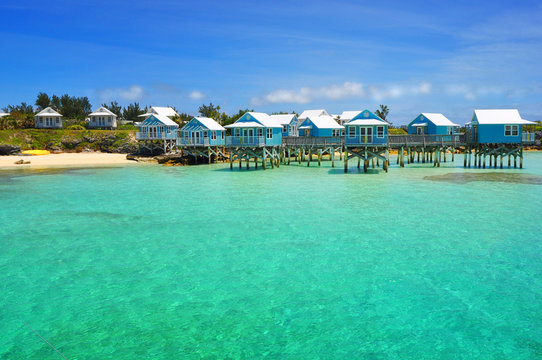 Beautiful Tropical Beach On Bermuda Island And Houses On Stilts