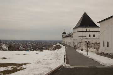 Landscape and architecture inside the Tobolsk Kremlin in winter. Russia