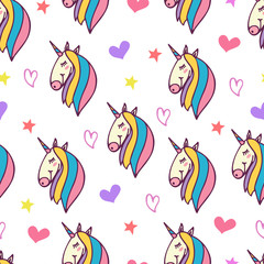 Seamless background with cute unicorn, hearts and stars.