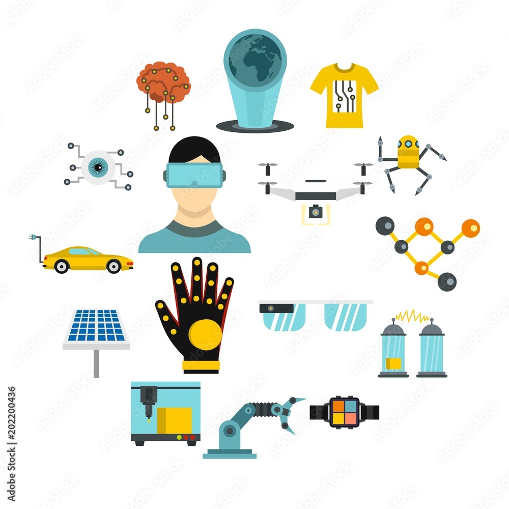 Poster new technologies icons set in flat style. innovative app and gadget set collection vector illustrati