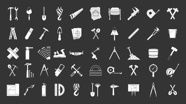 Construction tools icon set vector white isolated on grey background 