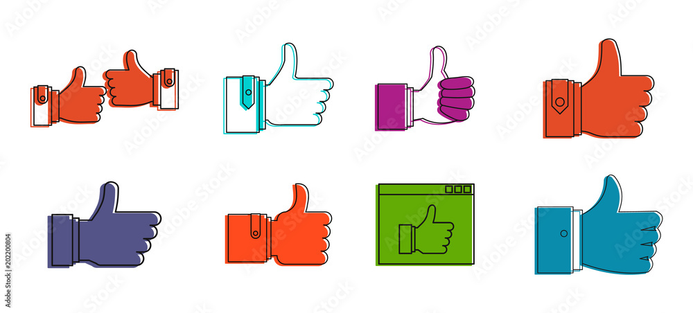 Poster thumb up icon set. color outline set of thumb up vector icons for web design isolated on white backg