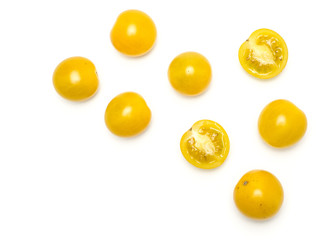 Yellow grape cherry tomatoes top view isolated on white background.