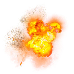 Realistic fiery explosion with sparks over a white background