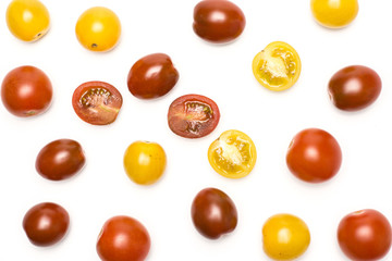 Grape cherry tomatoes collection mix top view isolated on white background.