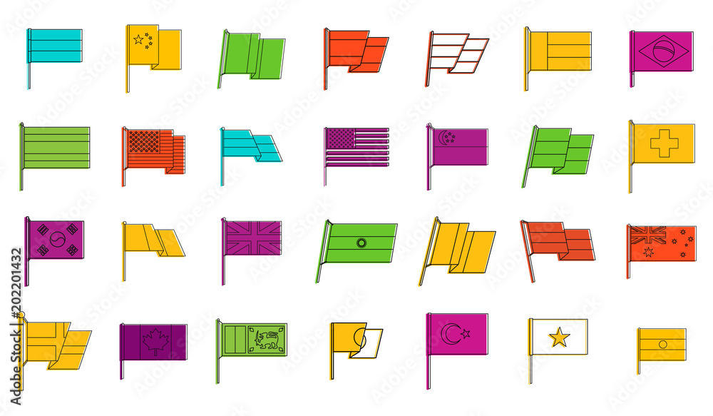 Poster country flag icon set. color outline set of country flag vector icons for web design isolated on whi