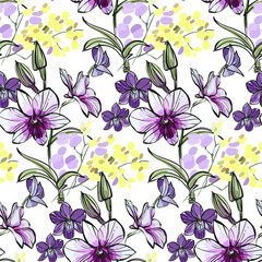 Floral seamless pattern with different flowers and leaves. Botanical illustration hand drawn. Textile print, fabric swatch, wrapping paper.