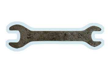 Old grungy wrench on white background. Isolated image of antiquare spanner.