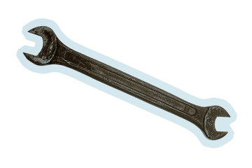 Old grungy wrench on white background. Isolated image of antiquare spanner.