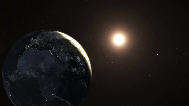 4K Realistic Beautiful Sunrise over the Earth. Cities at Night and day. Motion graphic and animation background.