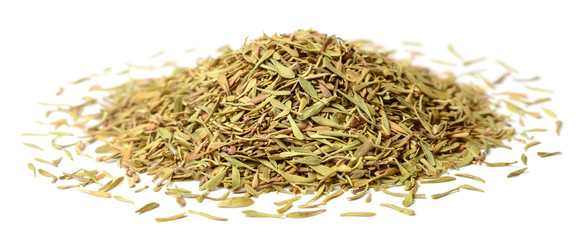 dried herb, dried thyme leaves isolated on white