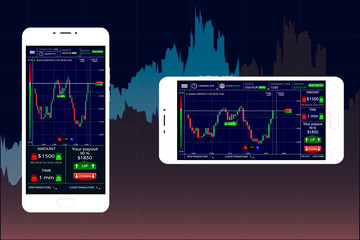 Modern white phone with HUD elements on the background of graphs, stock exchange elements