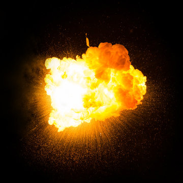 Realistic fiery explosion with sparks over a black background