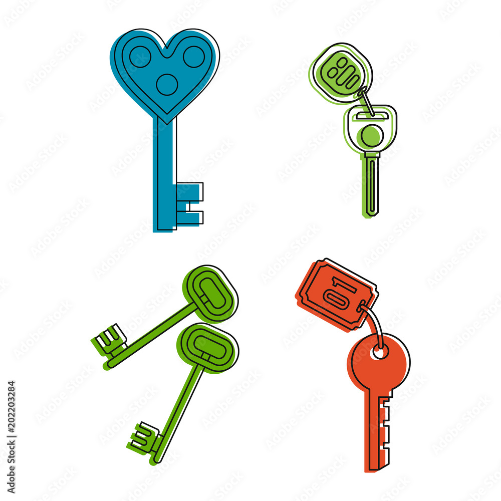 Poster room key icon set. color outline set of room key vector icons for web design isolated on white backg