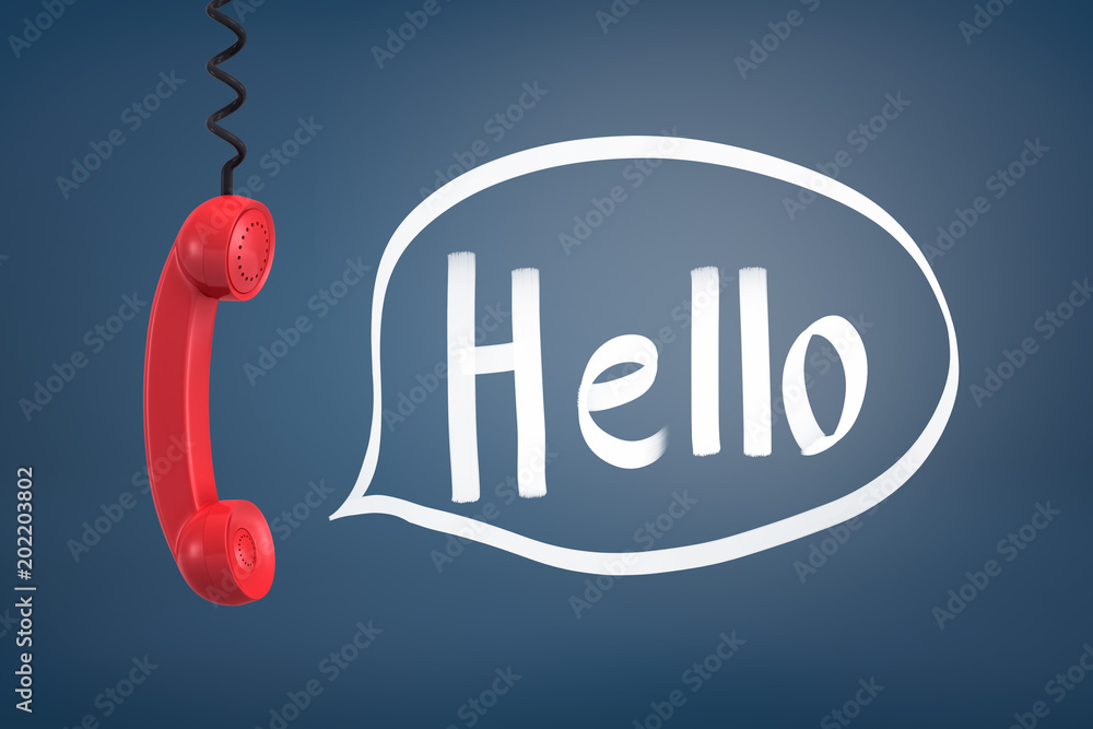 Poster 3d rendering of a red retro phone receiver hangs down from a black cord near a word helo inside a sp