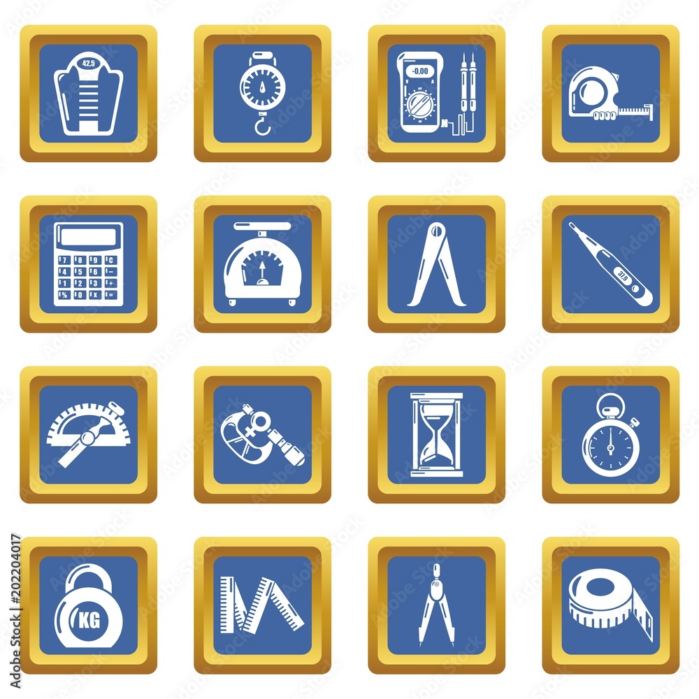 Poster measure precision icons set vector blue square isolated on white background