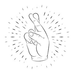 Hand gesture, crossed two fingers, for luck, hand-drawn, outline, against the background of linear rays. For posters, banners and logos. 10 eps