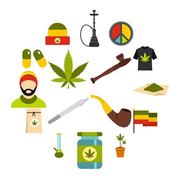Rastafarian icons set in flat style. Marijuana smoking equipment set collection vector illustration