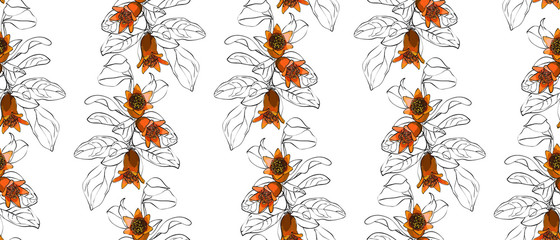 Obraz premium Pomegranate branch seamless pattern. Floral disign vector illustration in hand drawn style. Textile prints, wrapping paper, scrapbook.
