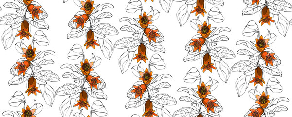 Obraz premium Pomegranate branch seamless pattern. Floral disign vector illustration in hand drawn style. Textile prints, wrapping paper, scrapbook.