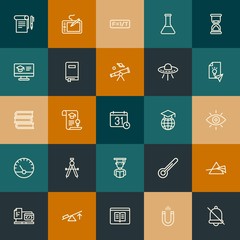 Modern Simple Set of science, time, education Vector outline Icons. Contains such Icons as internet,  scale,  college,  experiment and more on vintage colors background. Fully Editable. Pixel Perfect.