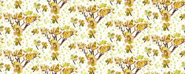 Crassula ovata hand drawn. Colorful Floral seamless pattern vector illustration. Textile print, wrapping paper, scrapbook.