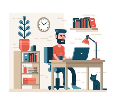 Bearded man with hipster hairdress works on laptop sitting on chair at the table. Around the simple interior - shelves, books, flower in a pot. Modern flat style.