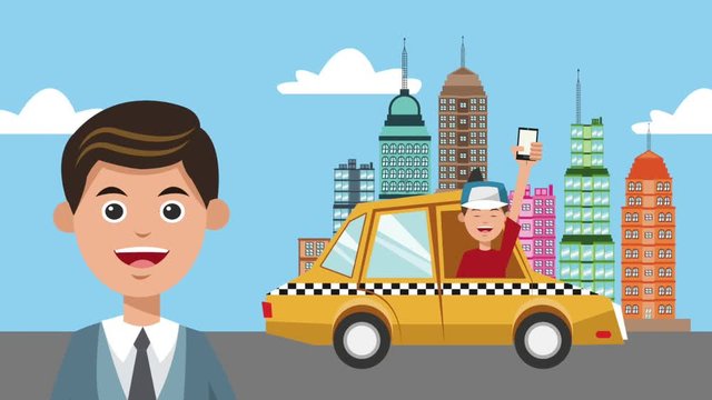Businessman taking taxi at city cartoons High definition coloful animation scenes