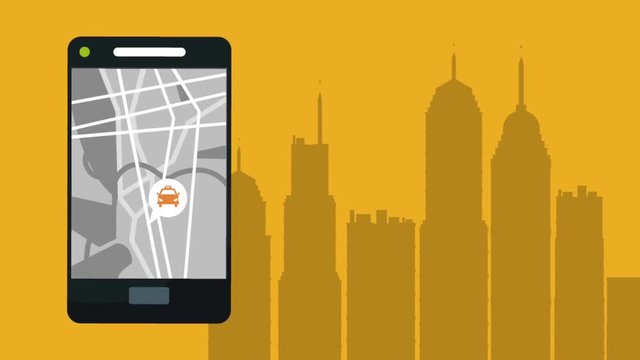 Taxi app from smartphone over cityscape High Definition animation colorful scenes