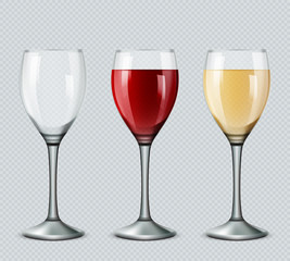 Set transparent vector wine glasses empty, with white and red wine on transparent background. 3d realistic vector image