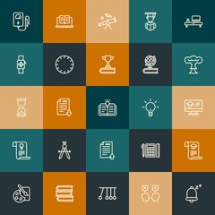 Modern Simple Set of science, time, education Vector outline Icons. Contains such Icons as  knowledge, internet,  library,  metal and more on vintage colors background. Fully Editable. Pixel Perfect.
