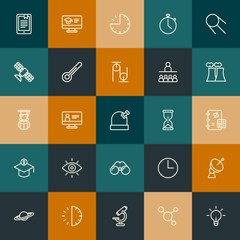 Modern Simple Set of science, time, education Vector outline Icons. Contains such Icons as  idea,  astronomy,  chemistry,  dish and more on vintage colors background. Fully Editable. Pixel Perfect.