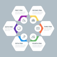 Flat geometric health, kids_and_toys infographic steps template with 6 options for presentations, advertising, annual reports.