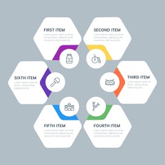 Fototapeta premium Flat geometric health, kids_and_toys infographic steps template with 6 options for presentations, advertising, annual reports.