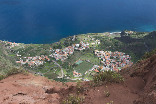 High angle view of town by sea seen from mountain peak, Agulo, Island La Gomera, Spain