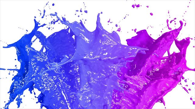 Beautiful Blue and Pink Color Paint Splashes in Slow Motion and Freeze Motion, Alpha Mask. Useful for Titles and Intro. 3d Animation Art Design Concept. 4k UHD 3840x2160.