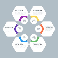 Fototapeta premium Flat geometric health, kids_and_toys infographic steps template with 6 options for presentations, advertising, annual reports.