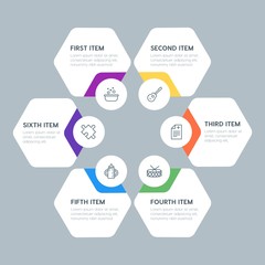 Flat geometric health, kids_and_toys infographic steps template with 6 options for presentations, advertising, annual reports.
