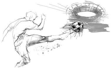 football player in action on white background. Soccer silhouette hand drawn sketch illustration