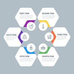 Flat geometric health, kids_and_toys infographic steps template with 6 options for presentations, advertising, annual reports.