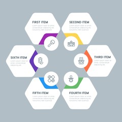 Fototapeta premium Flat geometric health, kids_and_toys infographic steps template with 6 options for presentations, advertising, annual reports.