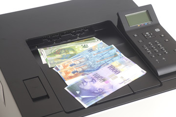 Printer and Swiss francs, currency of switzerland