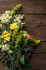 bouquet, wild flowers, meadow, old boards, various flowers