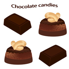 Chocolate bar and chocolate candies isolated on white background. Vector illustration.