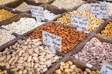Selection of spices on a traditional market in Amman, Jordan.