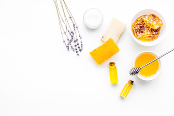 Honey as product for body, face and hair care. Cosmetics with honey. White background top view copy space