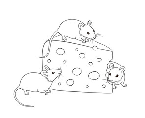 Three mice with a piece of cheese (in contours)