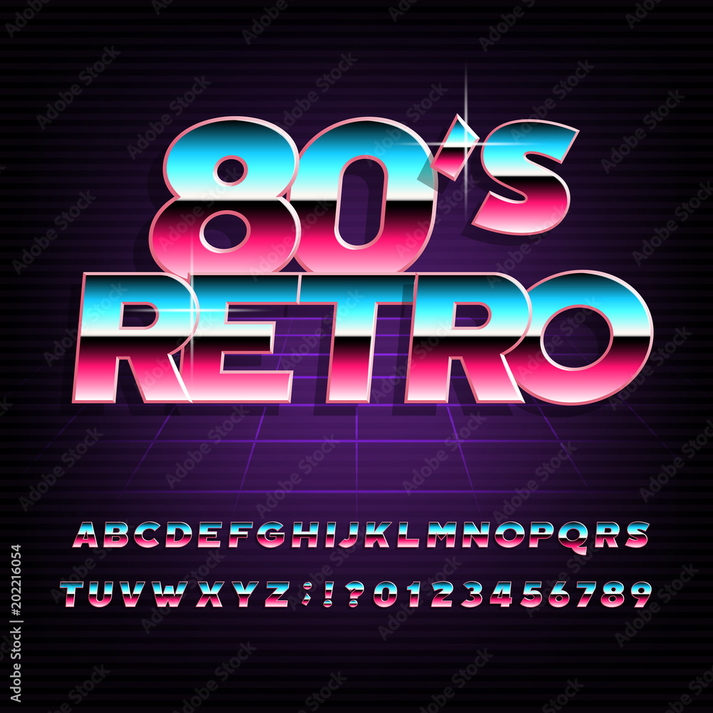 Poster 80's retro alphabet font. metallic effect bold type letters and numbers. stock vector typeface for a